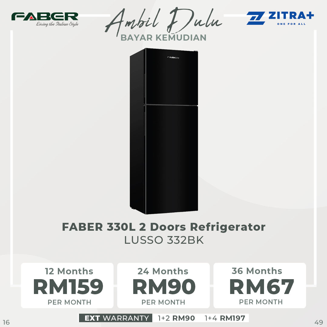 FABER 330L 2 Doors Refrigerator LUSSO 332BK | 20x Stronger Tempered Glass Tray | Refrigerant R600a | Fridge with 1 Year Warranty & Compressor with 10 Years Warranty