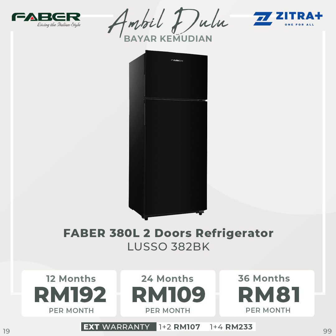 FABER 380L 2 Doors Refrigerator LUSSO 382BK | 20x Stronger Tempered Glass Tray | Refrigerant R600a | Fridge with 1 Year Warranty & Compressor with 10 Years Warranty