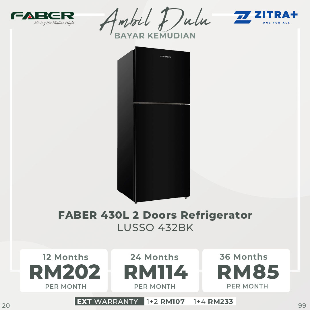FABER 430L 2 Doors Refrigerator LUSSO 432BK | 20x Stronger Tempered Glass Tray | Refrigerant R600a | Fridge with 1 Year Warranty & Compressor with 10 Years Warranty