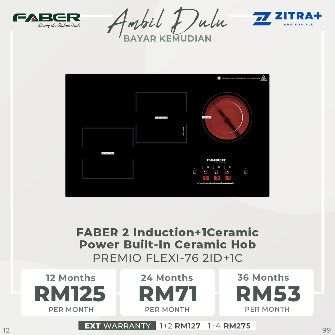 FABER 2Induction+1Ceramic Power Built-In Ceramic Hob PREMIO FLEXI-76 2ID+1C | Touch Sensor Control Panel