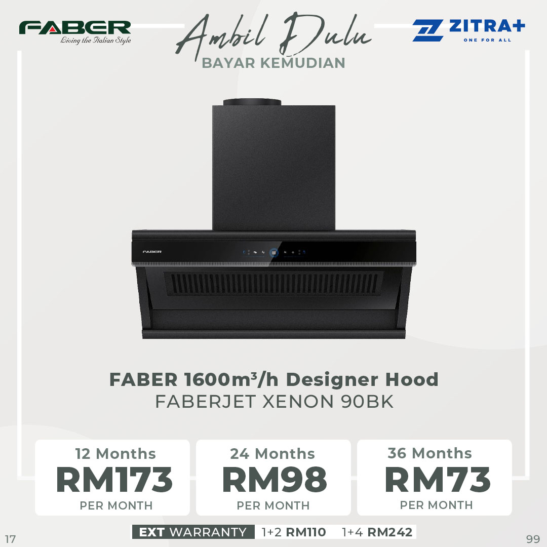 FABER 1600m3/h Designer Hood FABERJET XENON 90BK | Tempered Glass Surface | Turbo Speed Function | Auto Heat Cleaning | Hand Wave Control | Cooker Hood with 1 Year Manufacture