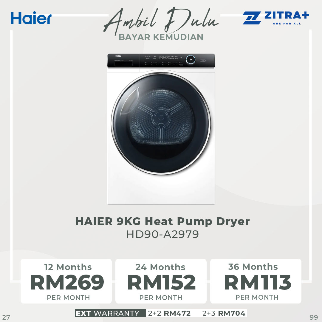 HAIER 9KG Heat Pump Dryer HD90-A2979 | I-Refresh | ABT | I-Time | LED Display | Child Lock | Sensor Dry | Dryer with 2 Years Warranty