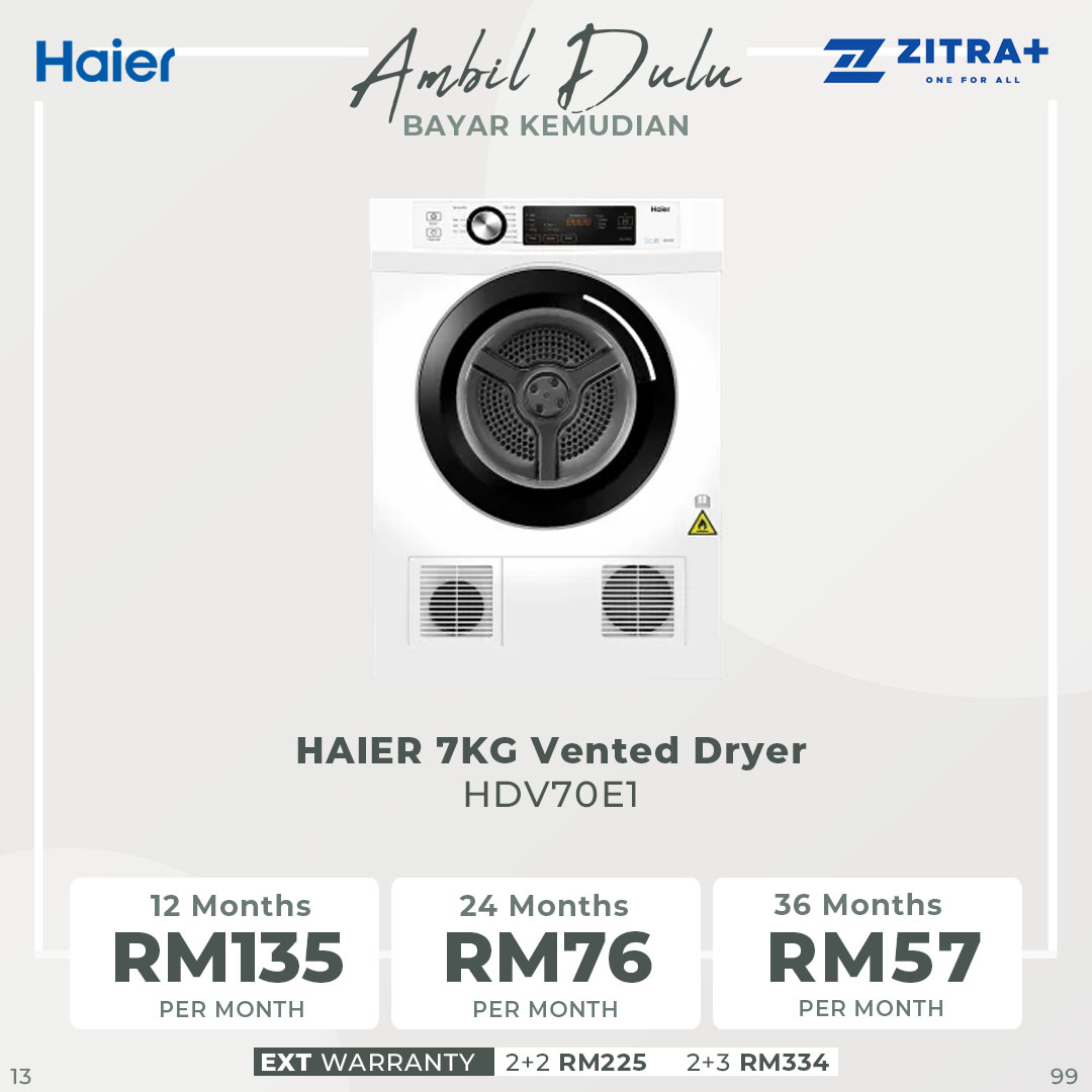 HAIER 7KG Vented Dryer HDV70E1 | Eliminate Bacteria | Sensor Dry | Knob control | Child Lock | Dryer with 2 Year Warranty