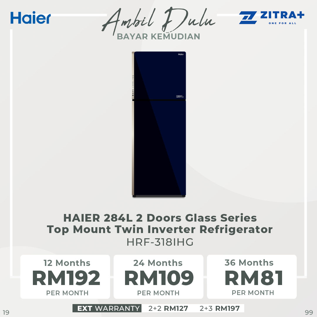 HAIER 284L 2 Doors Glass Series Top Mount Twin Inverter Refrigerator HRF-318IHG | 5-in-1 Navi Cooling Mode  | 360º Precise Cooling | Door Pocket | Humidity Control | Ice Maker | LED Controller | Refrigerators with 2 Year Warranty