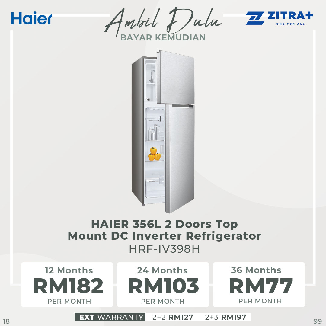 HAIER 356L 2 Doors Top Mount DC Inverter Refrigerator HRF-IV398H | No Frost | LED Lighting | Ice Maker | Humidity Control | Door Pocket | Refrigerators with 2 Year Warranty