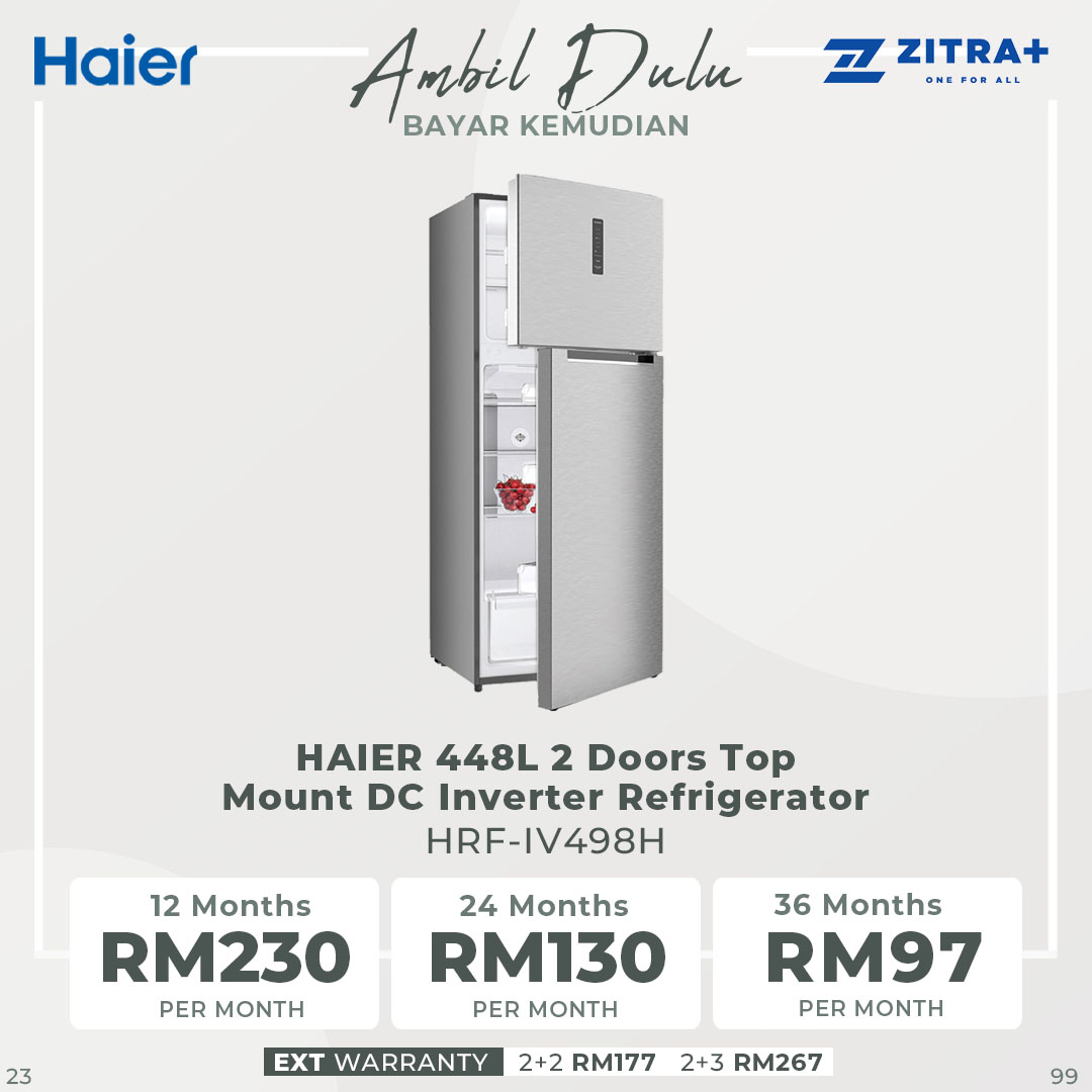 HAIER 448L 2 Doors Top Mount DC Inverter Refrigerator HRF-IV498H | DC Inverter Technology | Stainless Steel Handle | LED Lighting | Ice Maker | Humidity Control | Refrigerator with 2 Year Warranty