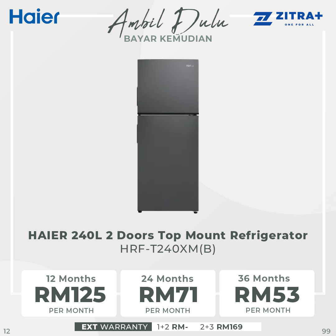 HAIER 240L 2 Doors Top Mount Refrigerator HRF-T240XM(B) | Deo Fresh | 4 Star Energy Saving | No Frost