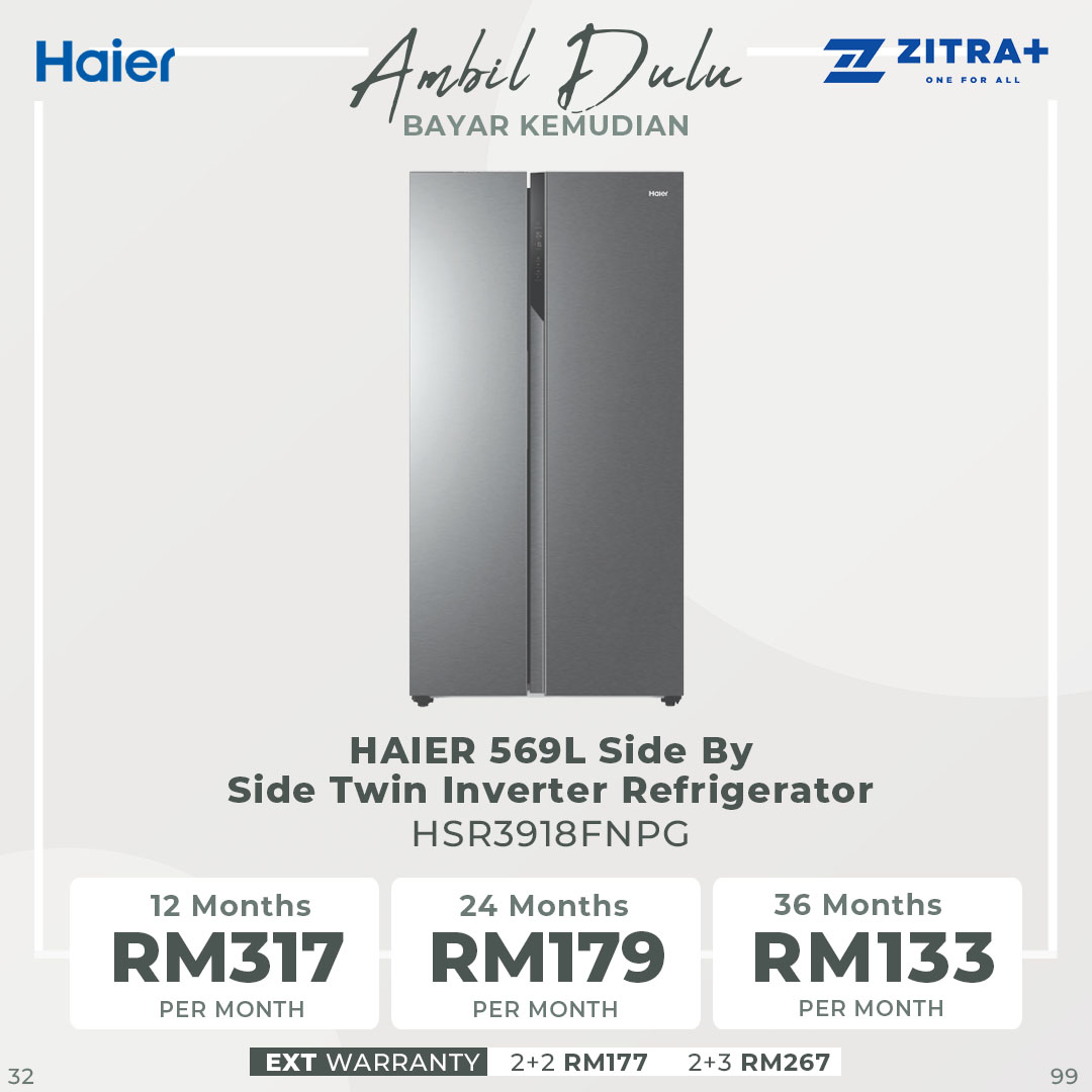 HAIER 569L Side By Side Twin Inverter Refrigerator HSR3918FNPG | No Frost | Touch LED | Door Pocket | Ice Maker | Humidity Control | Refrigerators with 2 Year Warranty