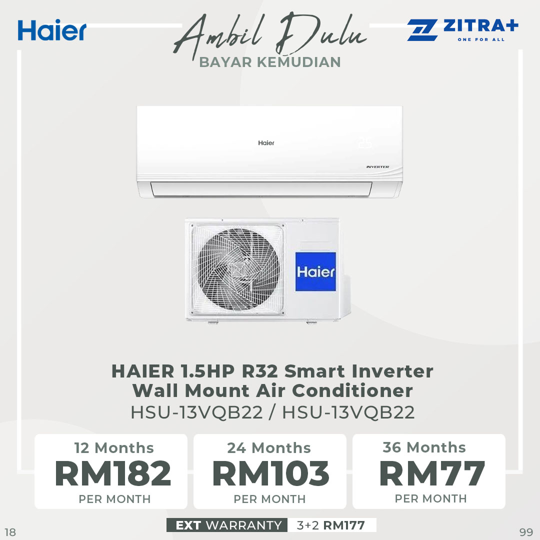 HAIER 1HP/1.5HP/2HP R32 Smart Inverter Wall Mount Air Conditioner HSU-10VQB22/HSU-13VQB22/HSU-19VQB22 | Eco Mode | Energy Saving | Triple Airflow | Smart Clean | Hyper PCB | Air Conditioner with 3 Year Warranty