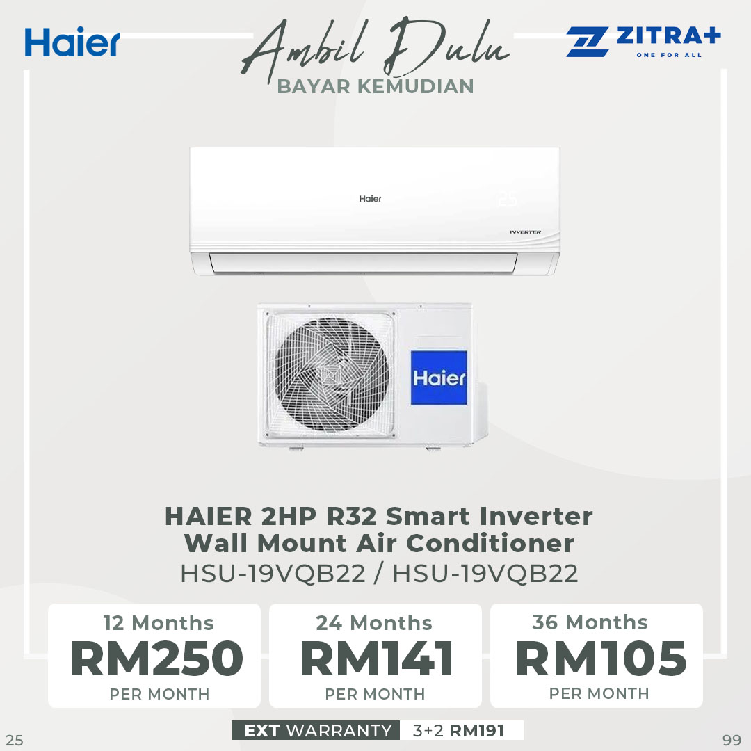 HAIER 1HP/1.5HP/2HP R32 Smart Inverter Wall Mount Air Conditioner HSU-10VQB22/HSU-13VQB22/HSU-19VQB22 | Eco Mode | Energy Saving | Triple Airflow | Smart Clean | Hyper PCB | Air Conditioner with 3 Year Warranty