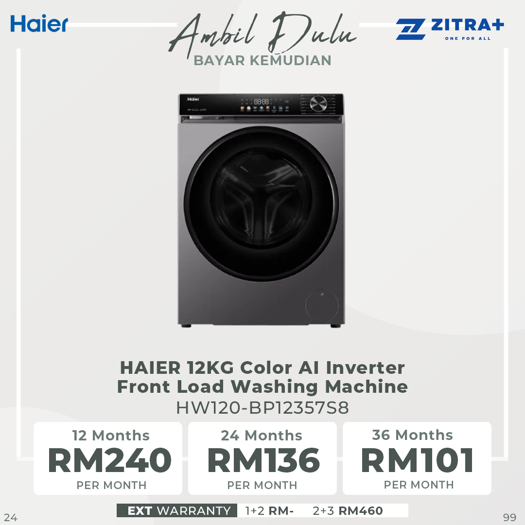 HAIER 9KG/10KG/12KG Color AI Inverter Front Load Washing Machine BP12357S8 | 5 Star Energy Saving Rating | Color AI Panel Screen | Smart Wash (Essence Wash)