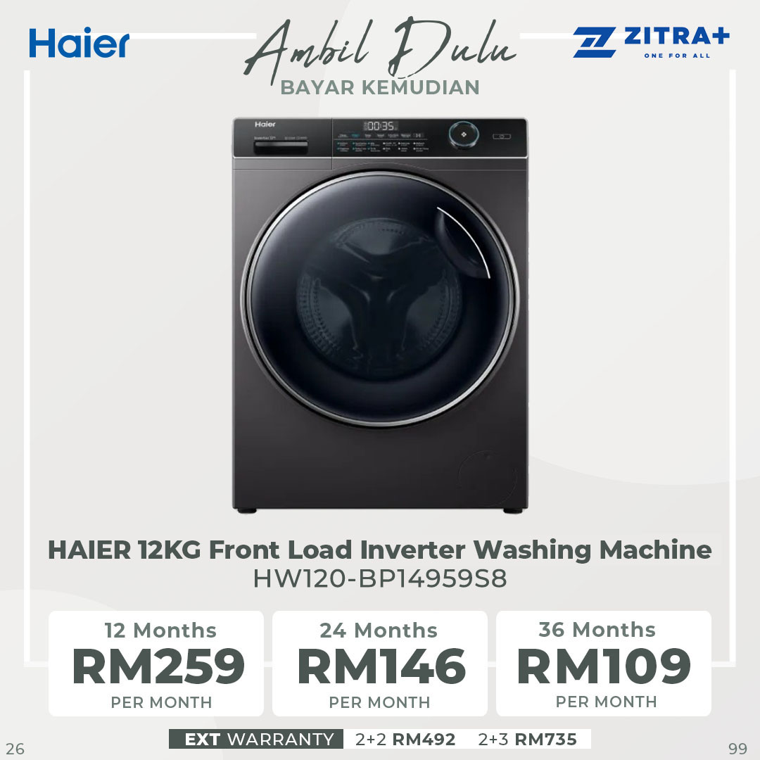 HAIER 12KG Front Load Inverter Washing Machine HW120-BP14959S8 | Super Inverter | Super Drum XL : 525 Drum | Hygiene Care | Laser Welding Technology | Washing Machine with 2 Years Warranty