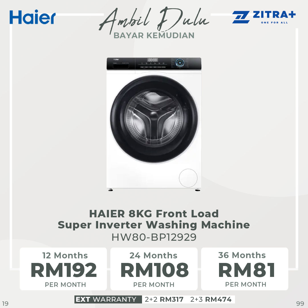 HAIER 8KG Front Load Super Inverter Washing Machine HW80-BP12929 | Super Drum XL | Super Inverter | Smart Dual Spray | Washing Machine with 2 Year Warranty