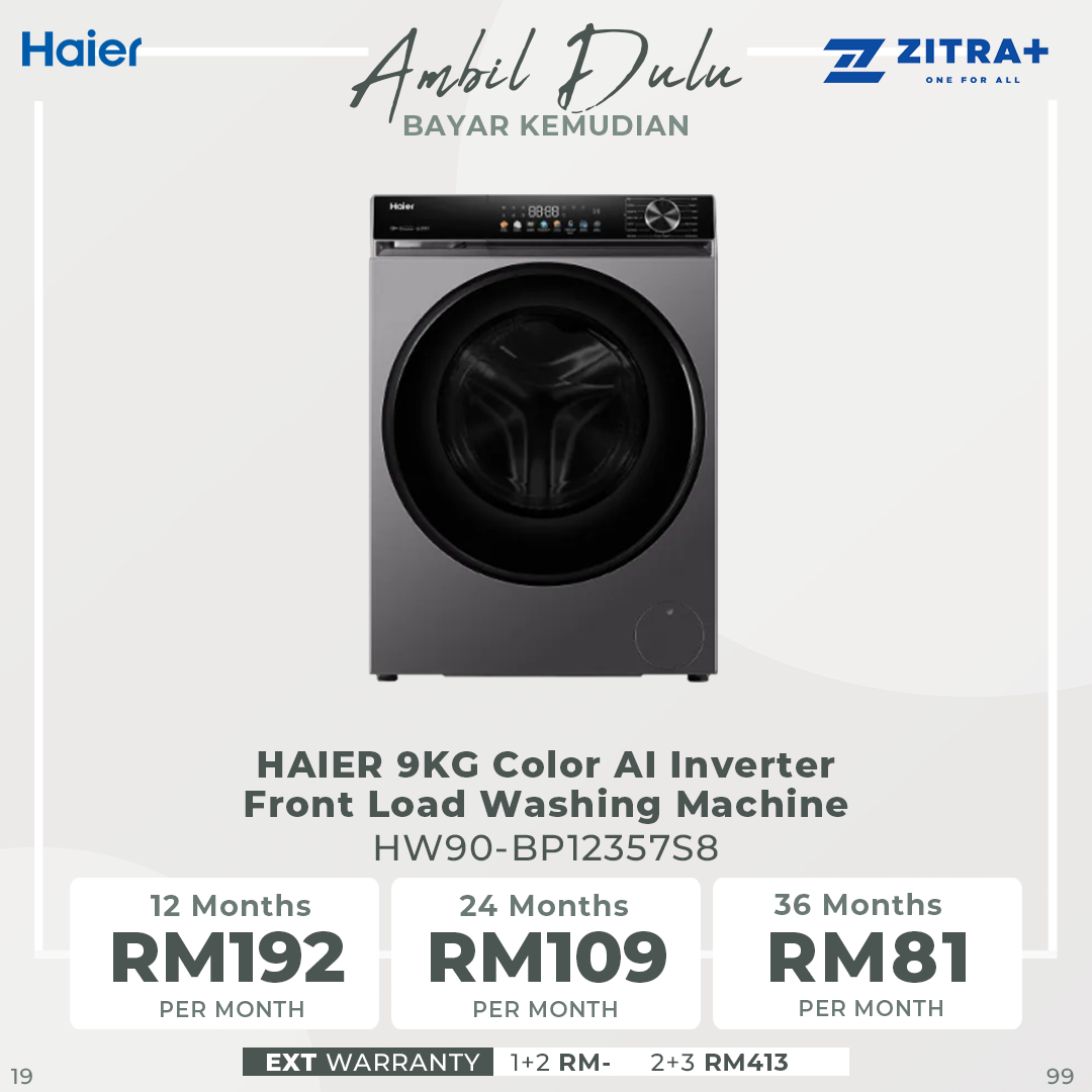 HAIER 9KG/10KG/12KG Color AI Inverter Front Load Washing Machine BP12357S8 | 5 Star Energy Saving Rating | Color AI Panel Screen | Smart Wash (Essence Wash)