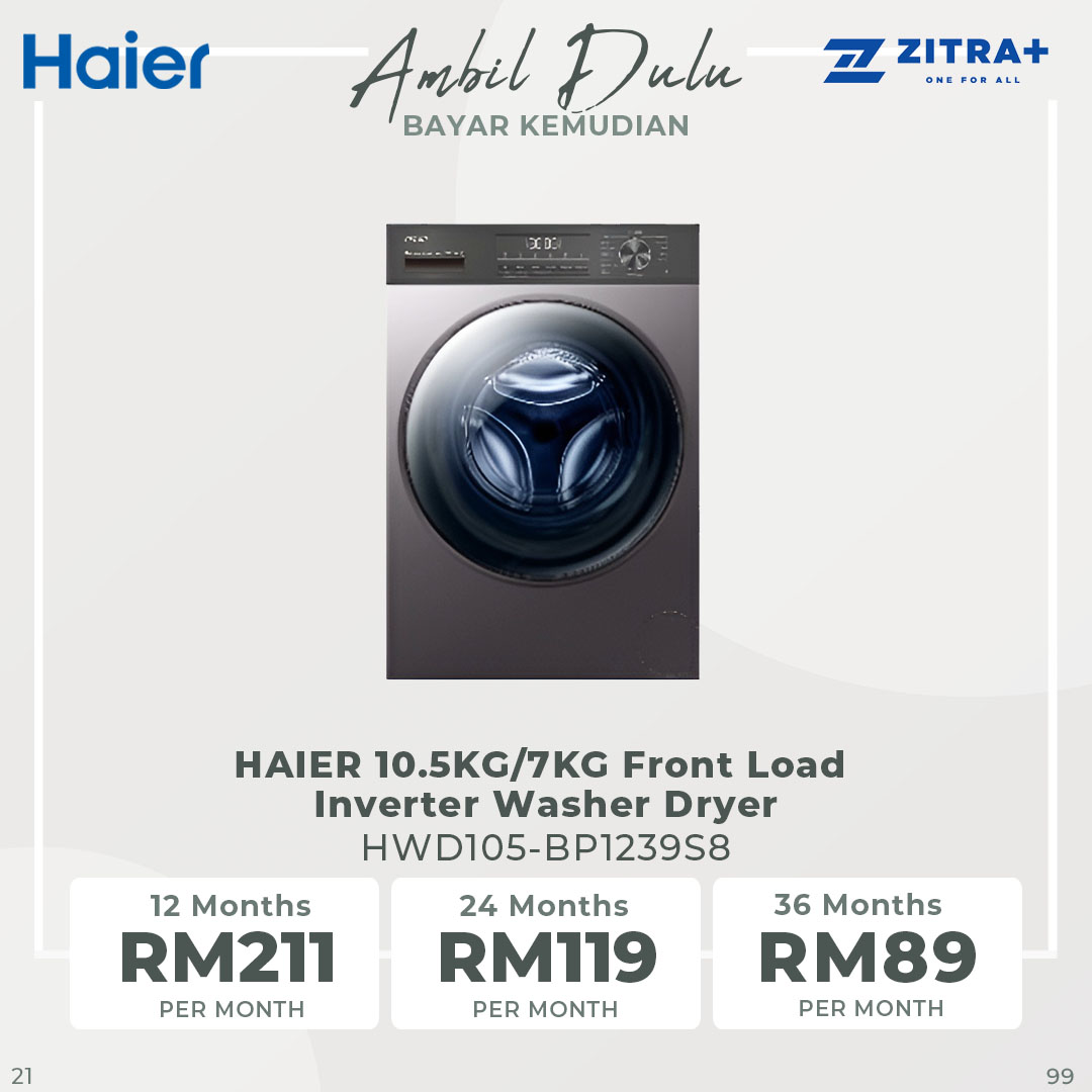 HAIER 10.5KG/7KG Front Load Inverter Washer Dryer HWD105-BP1239S8 | Super Inverter |  Hygiene Care |  I-Refresh | Washer Dryer with 2 Year Warranty