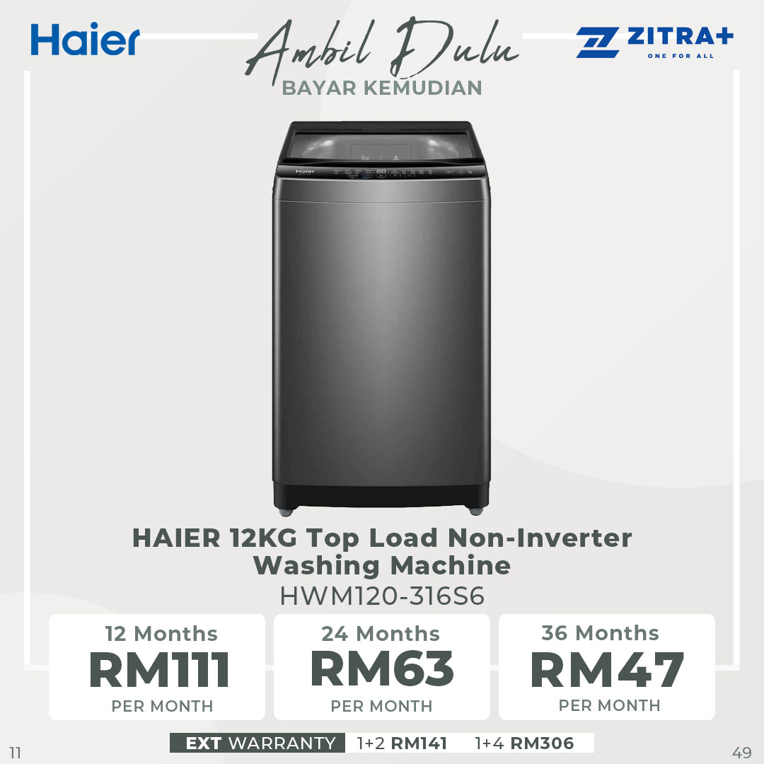 HAIER 12KG / 15KG Top Load Non-Inverter Washing Machine | HWM120-316S6 / HWM150-316S6 | Pillow Drum | Hijab Mode | Soft Closing Tempered Glass Lid | Washing Machine with 2 Year Warranty