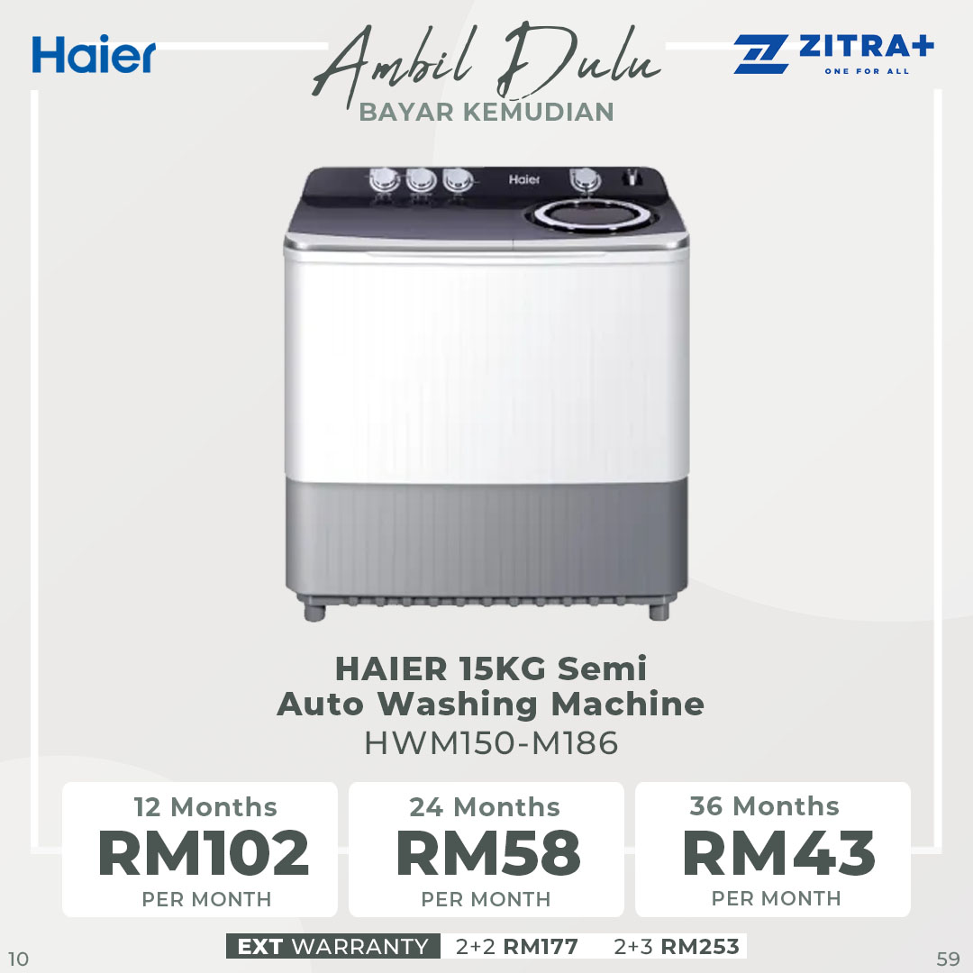 HAIER 10.5KG/15KG Semi Auto Washing Machine HWM105-M186/HWM150-M186 | High Rib Agitator | Water Inlet Selection | Soak Wash | Air Dry | Transparent Lid | Easy Clean Filter | Washing Machine with 2 Year Warranty