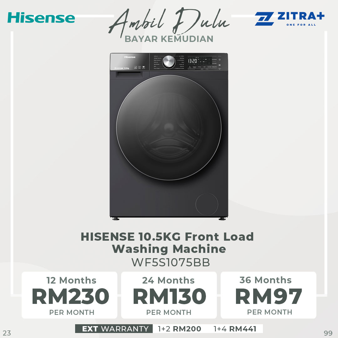 HISENSE 10.5KG Front Load Washing Machine WF5S1075BB | Active Hygiene | Remove 99.99% Bacteria | Sterile Rubber Seal | Washing Machine with 1 Year Warranty
