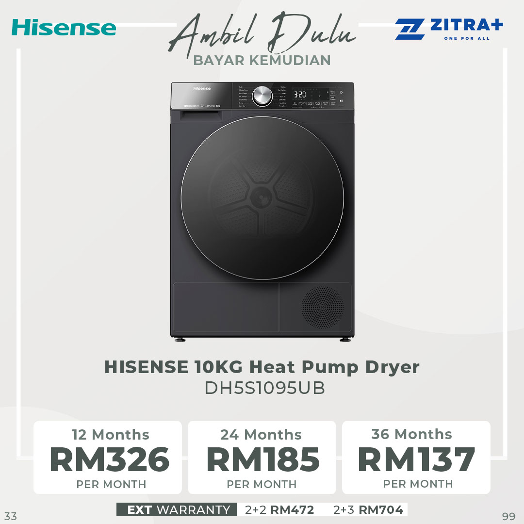 HISENSE 10KG Heat Pump Dryer DH5S1095UB | Buzzer  Electronic Control | Button Program Selection | Heat Pump Drying | Transparent Door | Dryer with 2 Years Warranty
