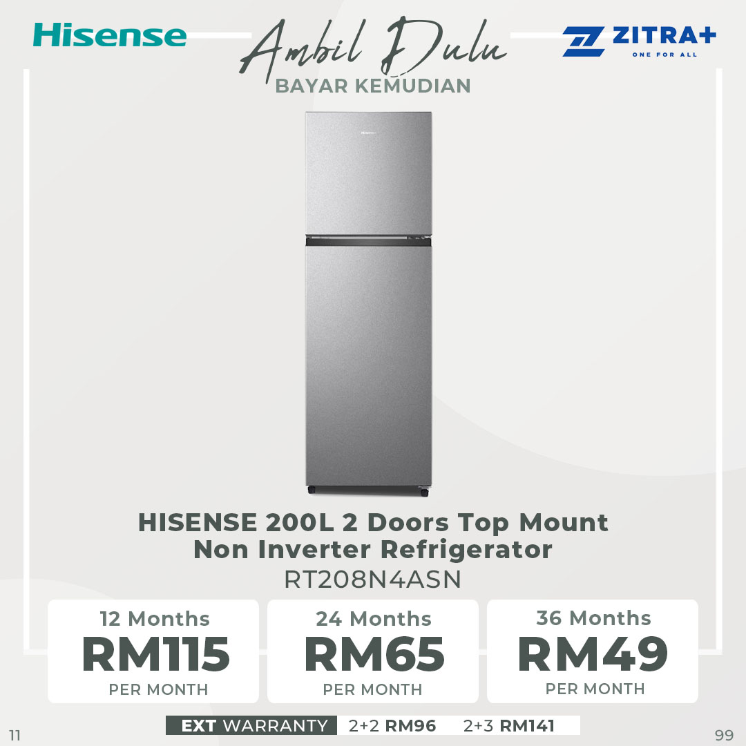 HISENSE 200L 2 Doors Top Mount Non Inverter Refrigerator RT208N4ASN | 90° Door Design | LED Lighting :Illuminate Every Corner | Big Door Balcony | Multi Air Flow | Refrigerator with 2 Years Warranty