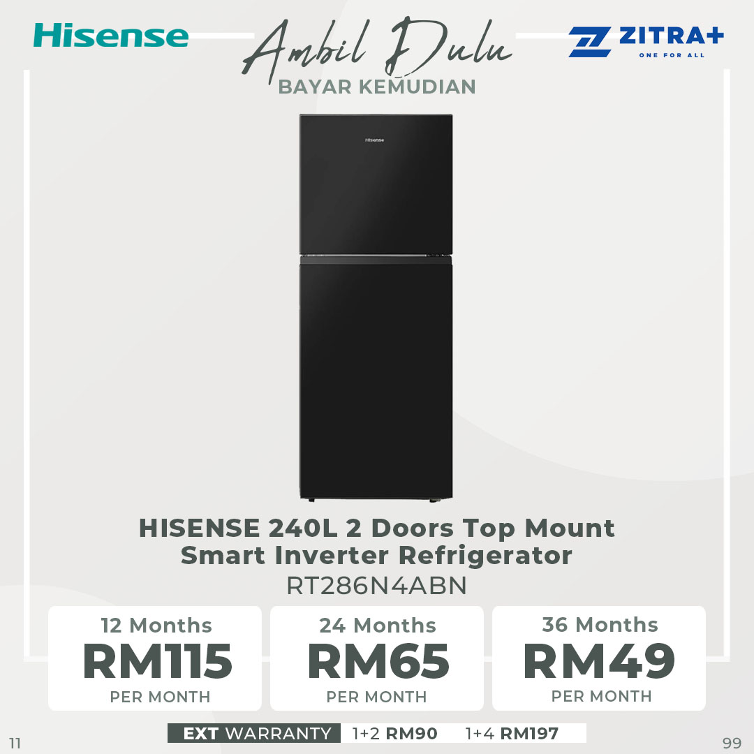 HISENSE 240L 2 Doors Top Mount Smart Inverter Refrigerator RT286N4ABN | Big Shelves - XXL Door Balcony | LED Lighting | Save Energy | Deodorizing Filter | Refrigerator with 2 Years Warranty