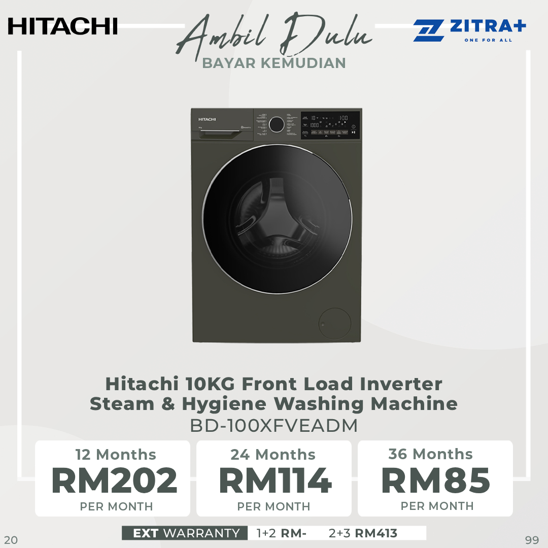 Hitachi 9/ 10KG Front Load Inverter Steam & Hygiene Washing Machine BD-90YFVEM / BD-100XFVEADM | Steam & Hygience Programme | Efficient Inverter Motor | 15 Preset Programmes