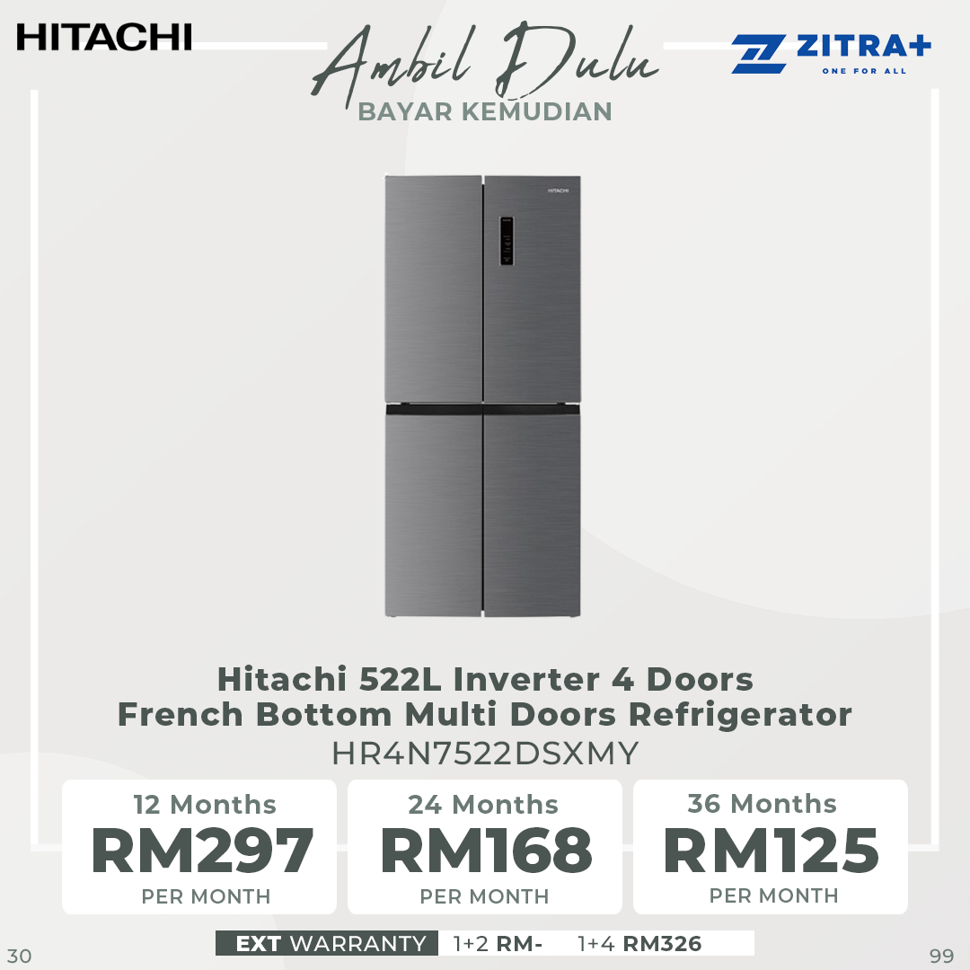 Hitachi 522L Inverter 4 Doors French Bottom Multi Doors Refrigerator HR4N7522DSXMY | Selectable Zone (-3 ~ 5℃) | 5 Star Energy Rating | Mirror Touch Controller