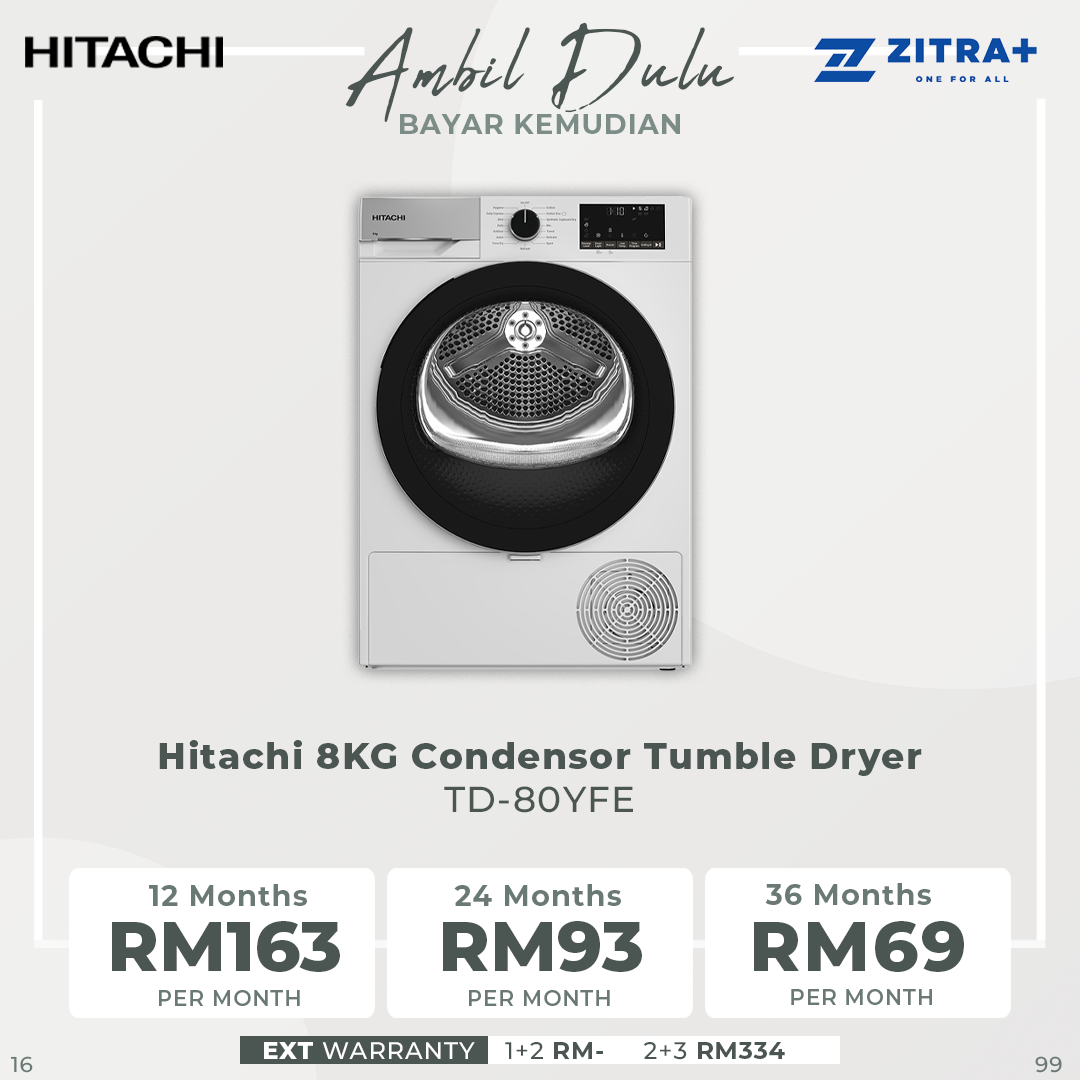 Hitachi 8KG Condensor Tumble Dryer TD-80YFE | Sensor Drying Programmes | Efficient Inverter Motor | 15 Preset Programmes