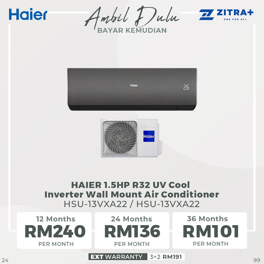 HAIER 1.5HP R32 UV Cool Inverter Wall Mount Air Conditioner HSU-13VXA22 |  PID Inverter | Smart Clean | WIFI Control | UVC Sterilization | Air Conditioner with 3 Years Warranty