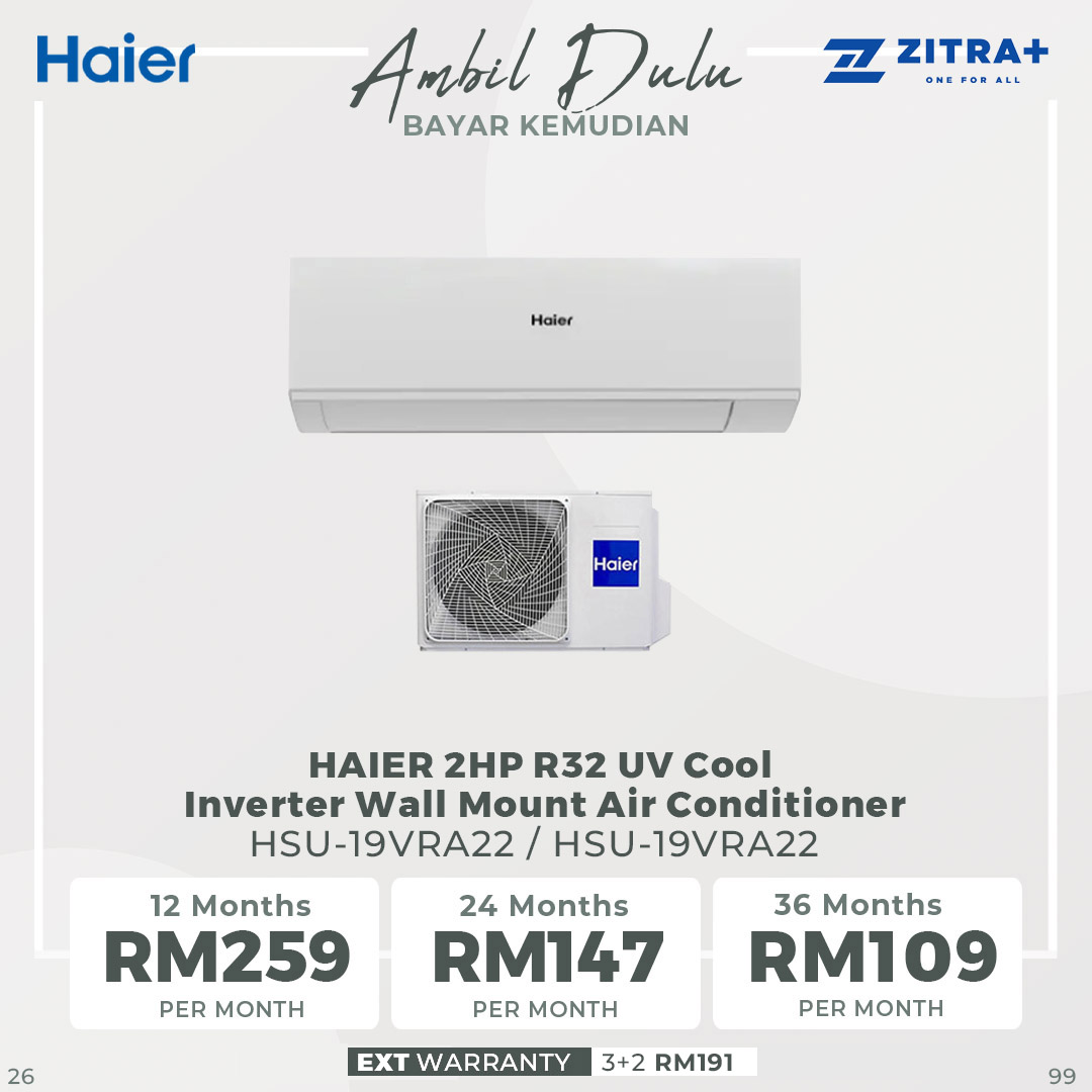 HAIER 1/1.5/2HP R32 UV Cool Inverter Wall Mount Air Conditioner HSU-10VRA22 / HSU-13VRA22 / HSU-19VRA22 | UVC Sterilization | WiFi Control | Smart Clean | Air Conditioner with 3 Year Warranty
