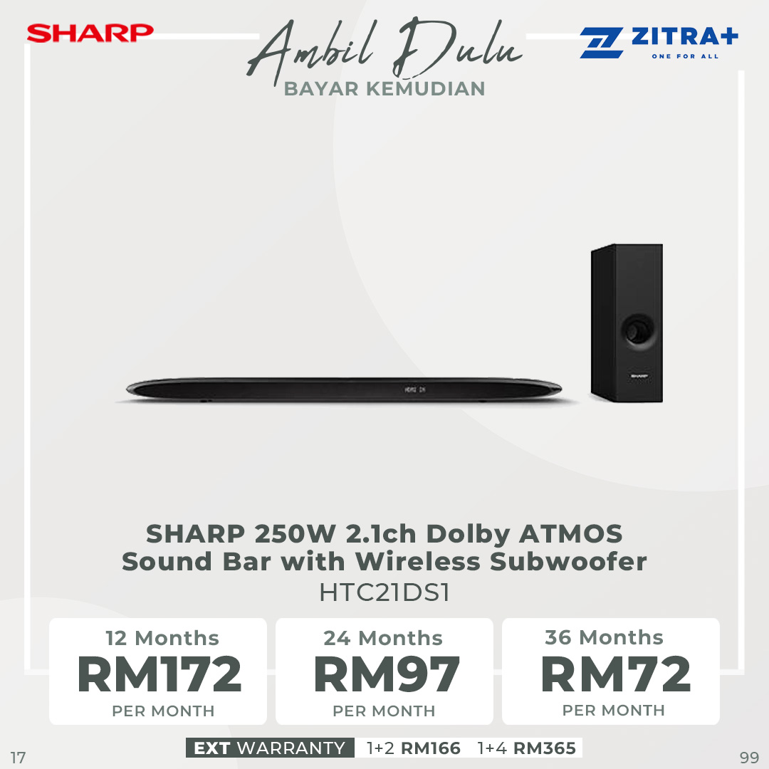 SHARP 250W 2.1ch Dolby ATMOS Sound Bar with Wireless Subwoofer HTC21DS1 | 6 Speaker System | Bluetooth | HDMI (eARC) | Sound Bar with 1 Year Warranty