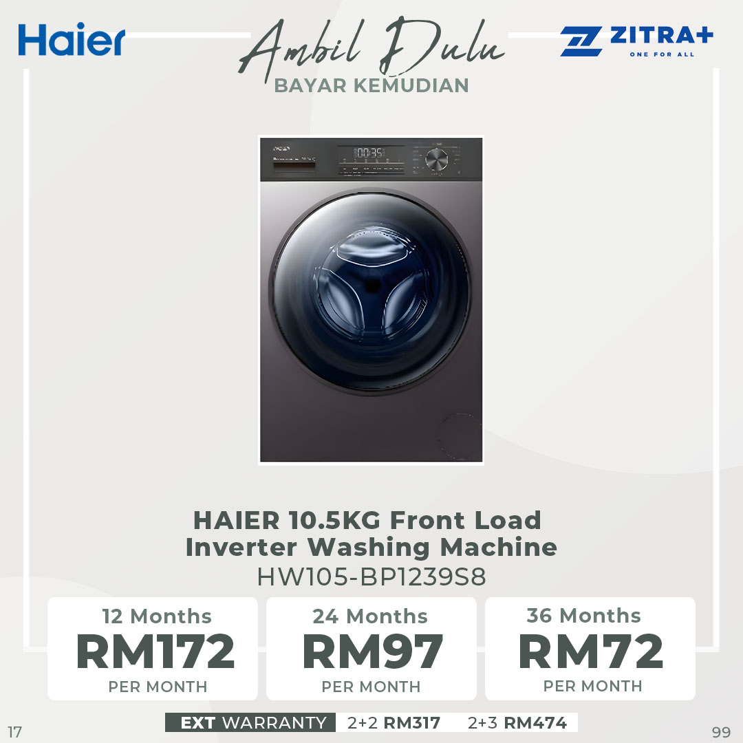 HAIER 10.5KG Front Load Inverter Washing Machine HW105-BP1239S8 | Super Inverter  | Hygiene Care | Refresh | Washing Machine with 2 Year Warranty• Hygiene Care • Flat Panel Design • BLDC Inverter • Hijab Mode