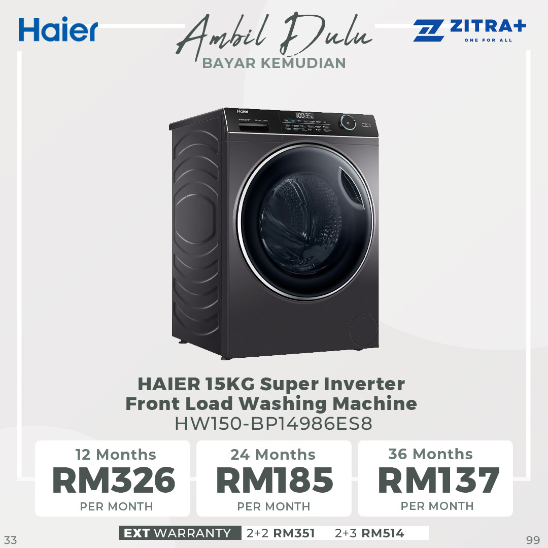 HAIER 15KG Super Inverter Front Load Washing Machine HW150-BP14986ES8 | Super XL Drum | Laser Welding Technology | Steam Wash