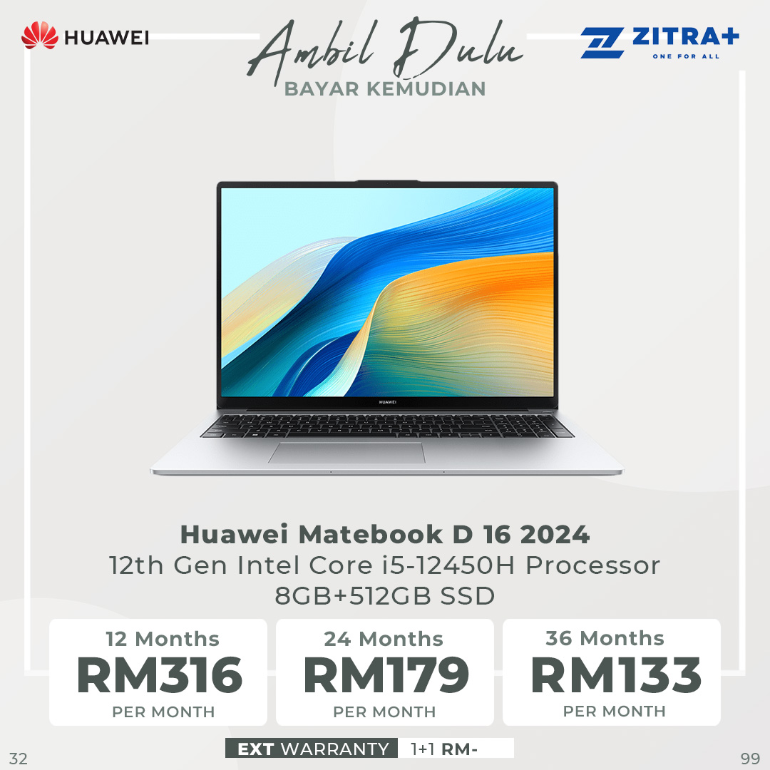 Huawei Matebook D 16 2024 | 16" HUAWEI FullView Display | High Performance Intel® Core™  i5 Processor  / i9 Processor | Lightweight Portable Body | Laptop with 2 Year Warranty