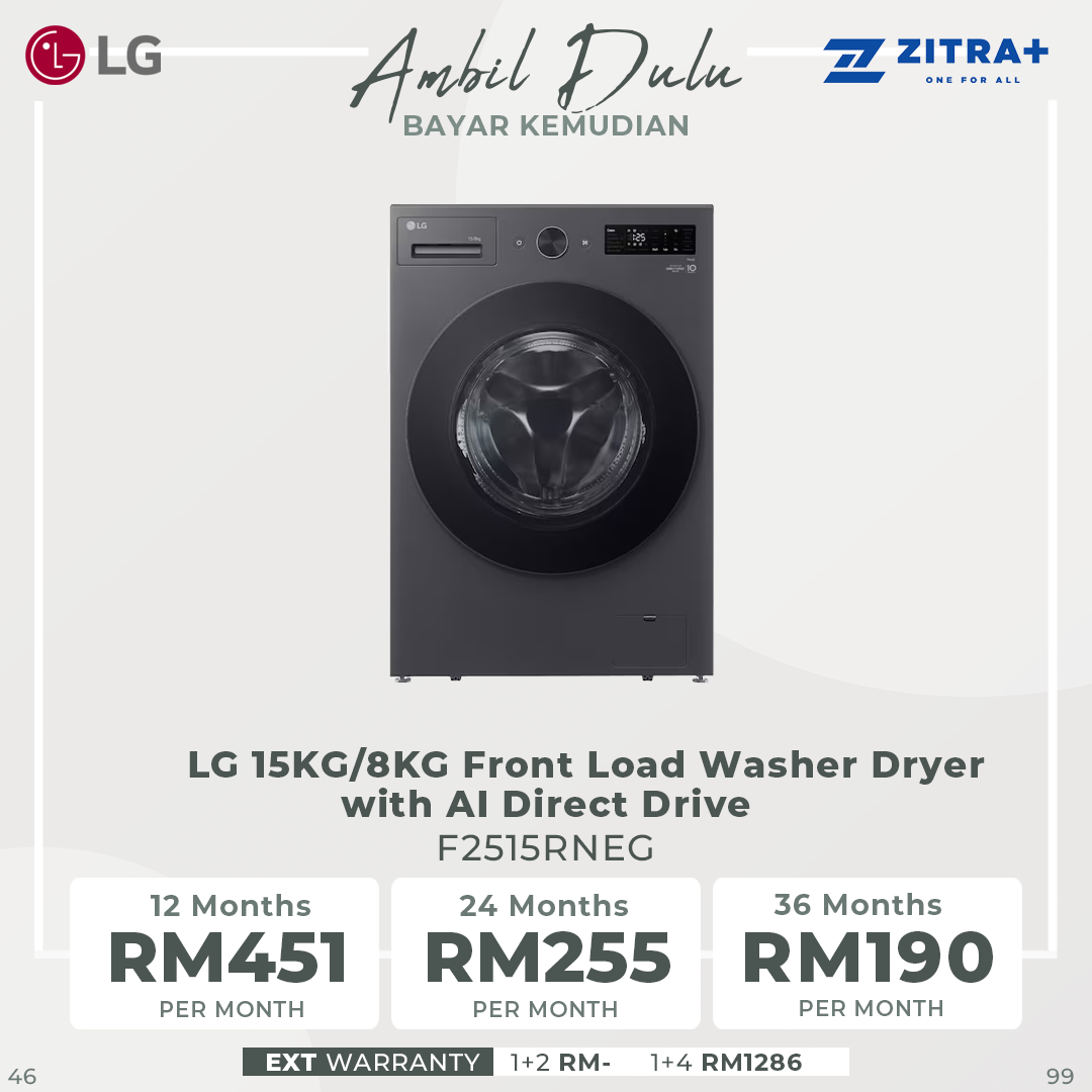 LG 15KG/8KG Front Load Washer Dryer with AI Direct Drive F2515RNEG | TurboWash |  Deep-learning AI Inverter | Reduced Noise and Vibrations
