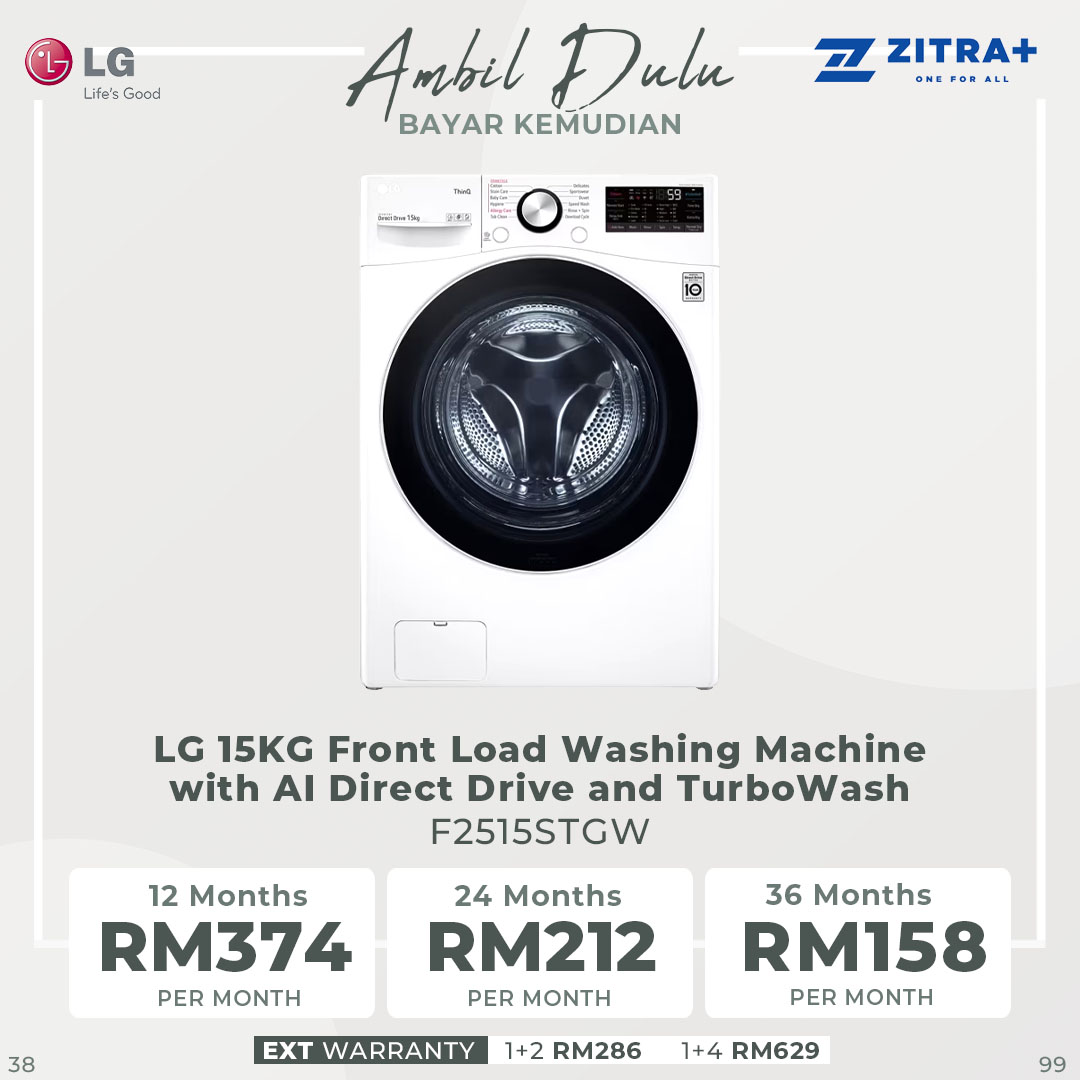 LG 15KG Front Load Washing Machine with AI Direct Drive and TurboWash F2515STGW | Tempered Glass Door & Full Stainless Lifter | Steam | WiFi Control | Washing Machine with 1 Year Warranty