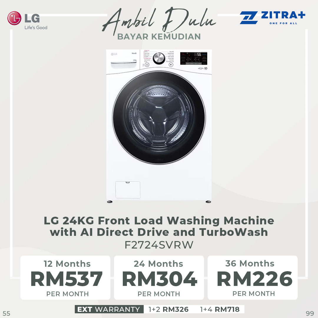 LG 24KG Front Load Washing Machine with AI Direct Drive and TurboWash F2724SVRW | Steam™ | Tempered Glass Door | Full Stainless Lifter | Washing Machine with 2 Year Warranty