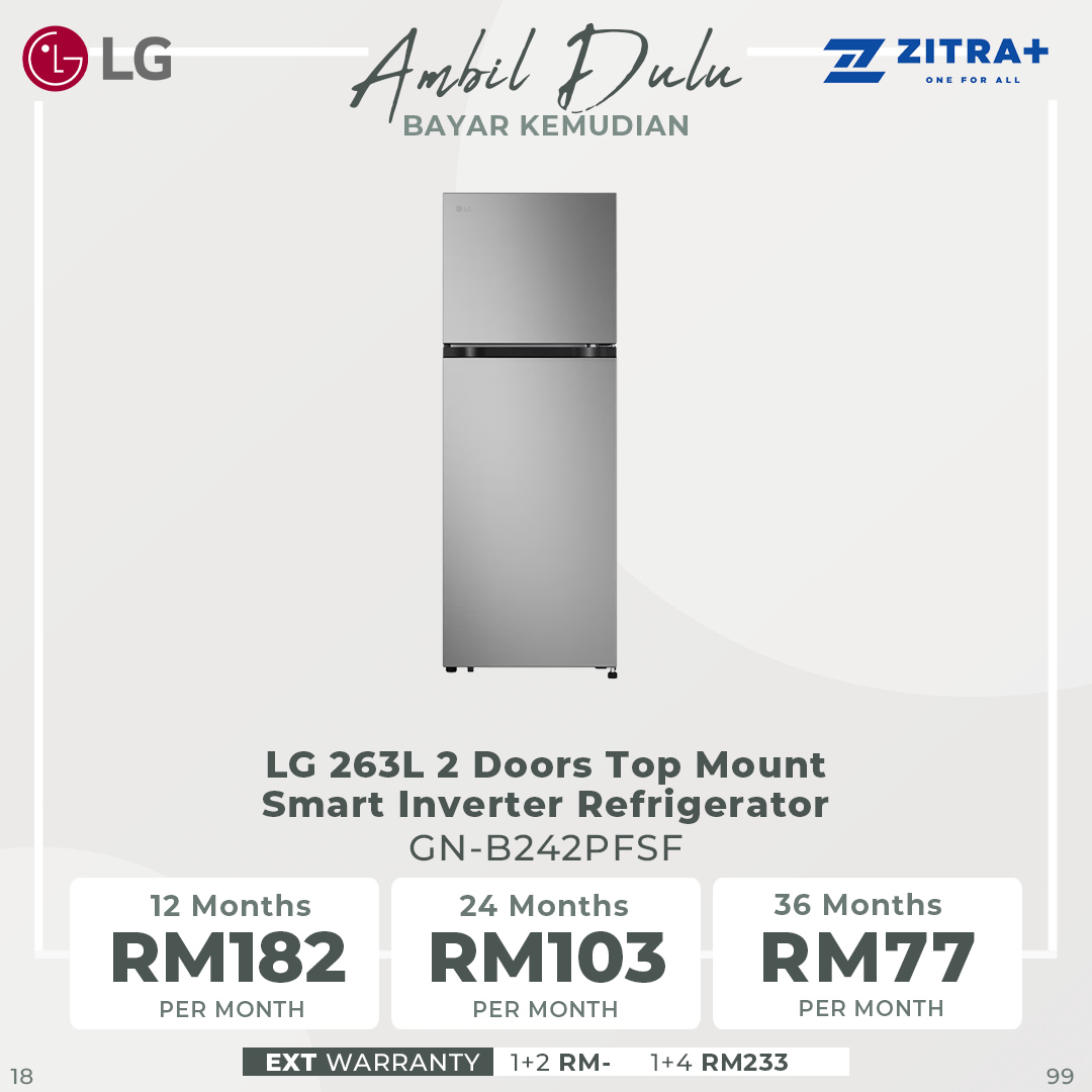 LG 263L 2 Doors Top Mount Smart Inverter Refrigerator GV-B242PLGB | Humidity Controller | Moist Balance Crisper | Smart Diagnosis | Refrigerator with 1 Year Warranty