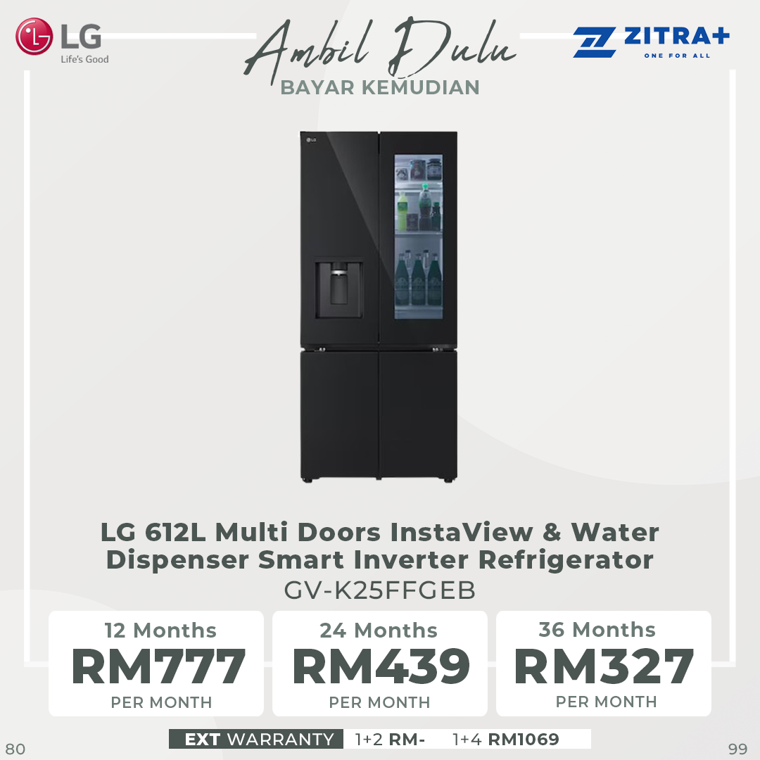 LG 612L Multi Doors InstaView & Water Dispenser Smart Inverter Refrigerator GV-K25FFGEB | Smart Inverter Compressor | DoorCooling