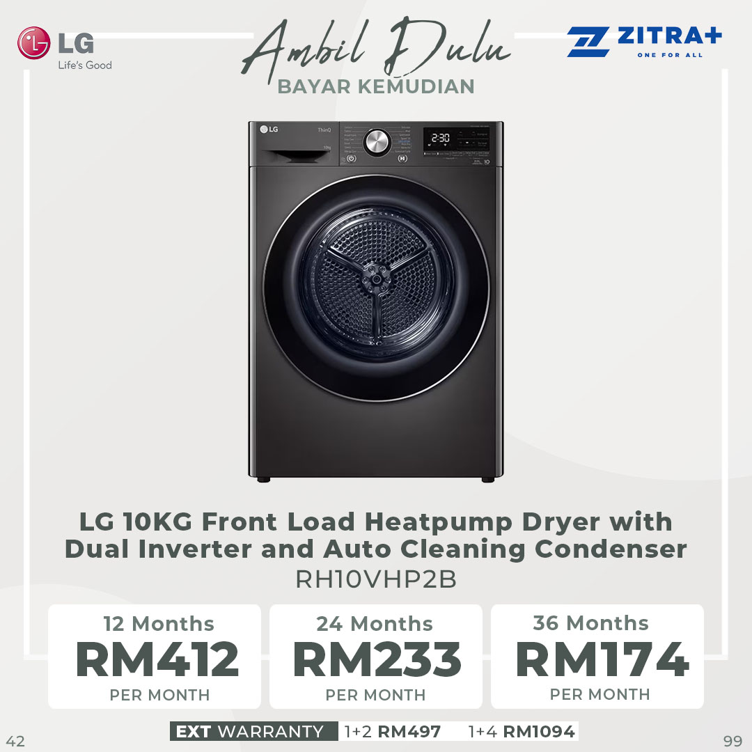 LG 10KG Front Load Heatpump Dryer with Dual Inverter and Auto Cleaning Condenser | RH10VHP2B / RH10VHP2W | Smart Pairing | Allergy Care | Dual Lint Filter | Heatpump Dryer with 1 Year Warranty