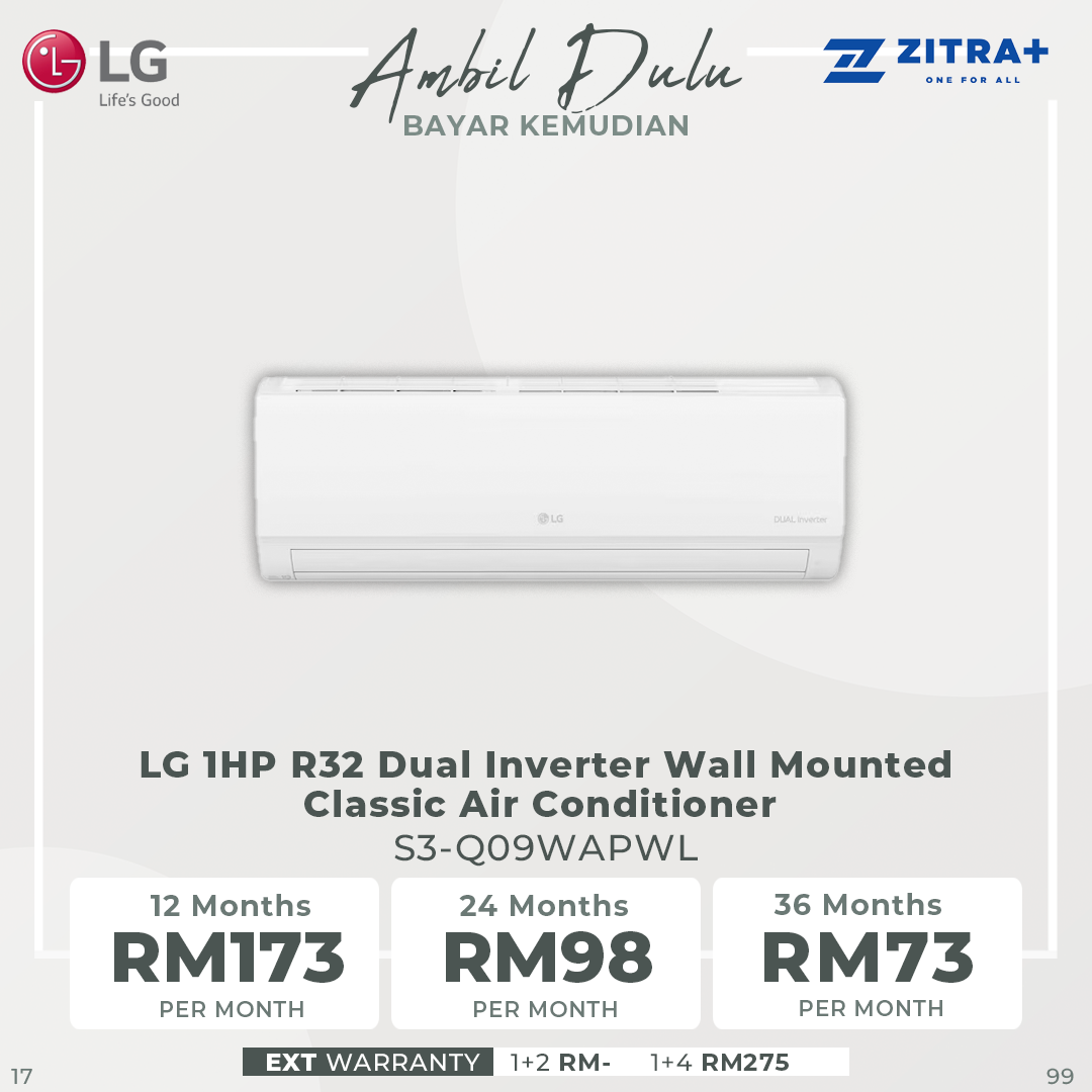 LG 1.0/1.5/2.0HP R32 Dual Inverter Wall Mounted Classic Air Conditioner S3-Q09WAPWL / S3-Q12JAPWL / S3-Q18JLPWL | Environment-Friendly Refrigerant | Safety Against Voltage Fluctuation | Faster Cooling | | Air Conditioner with 1 Year Warranty App