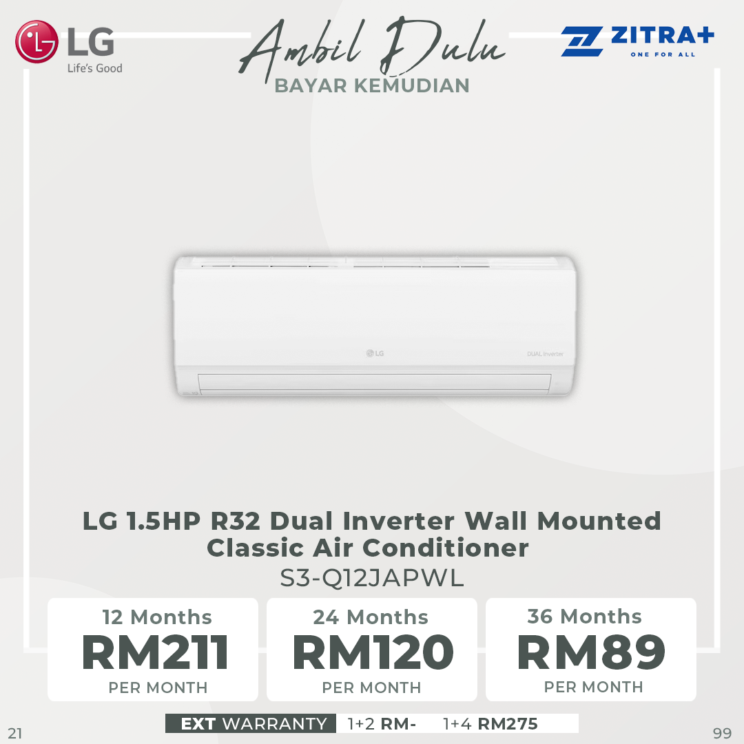 LG 1.0/1.5/2.0HP R32 Dual Inverter Wall Mounted Classic Air Conditioner S3-Q09WAPWL / S3-Q12JAPWL / S3-Q18JLPWL | Environment-Friendly Refrigerant | Safety Against Voltage Fluctuation | Faster Cooling | | Air Conditioner with 1 Year Warranty App