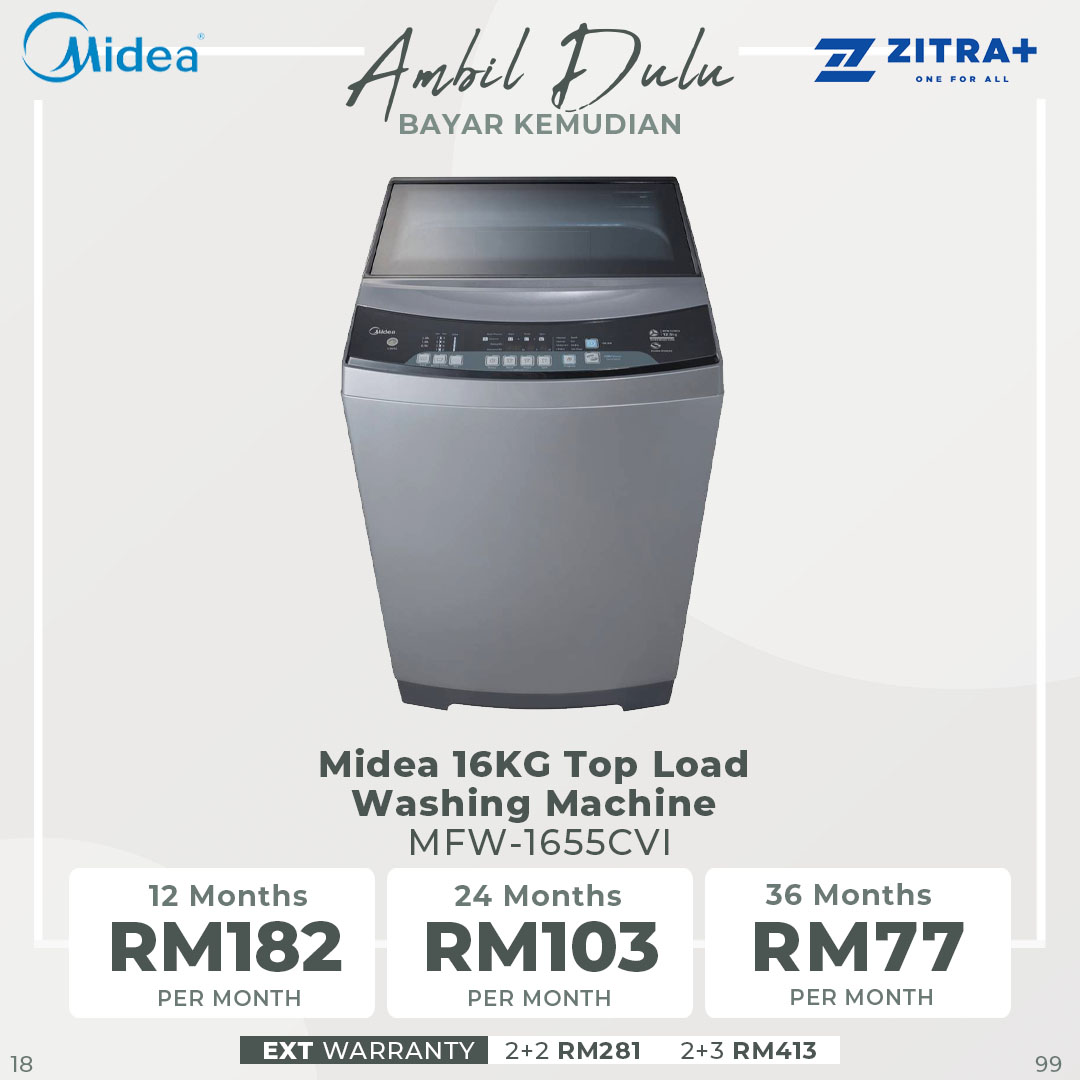Midea 16KG Inverter Top Load Washing Machine MFW-1655CVI | 3D Waterfall Current | Soft Close Lid | One Touch Wash | Big Detergent Box | Washing Machine with 2 Years Warranty