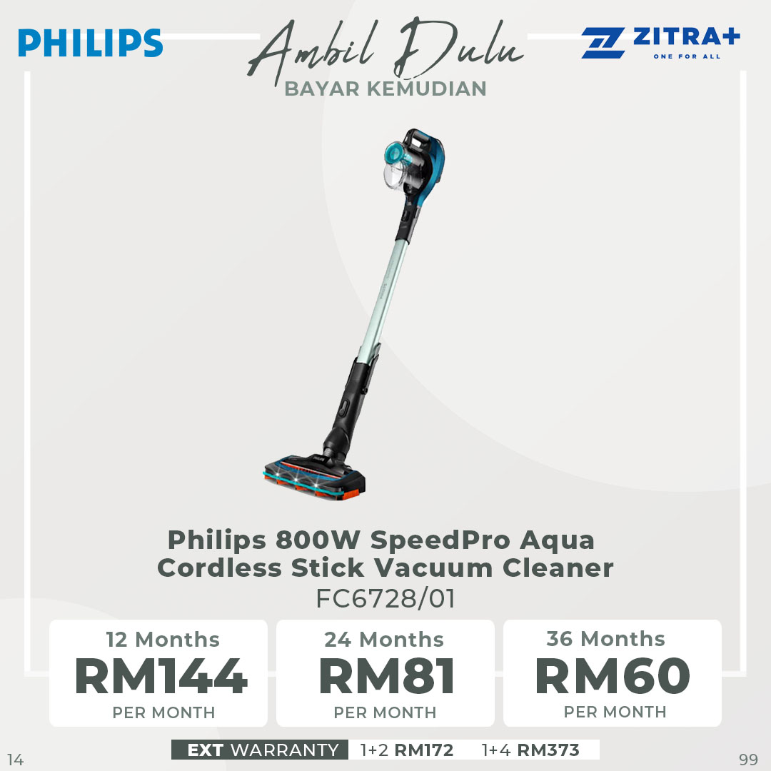 Philips 800W SpeedPro Aqua Cordless Stick Vacuum Cleaner FC6728/01 | 180° Suction Nozzle | Power Cyclone 7 | LED Nozzle | Aqua Boost | Up to 50 minutes Runtime | Vacuum Cleaner with 1 Year Warranty