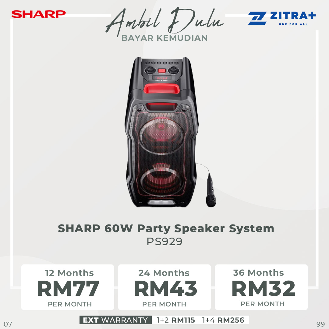 SHARP 60W Party Speaker System PS929 | Bluetooth | USB | Audio In | TWS Mode | USB Playback | 4.5AH Rechargeable Battery | Speaker with 1 Year Warranty