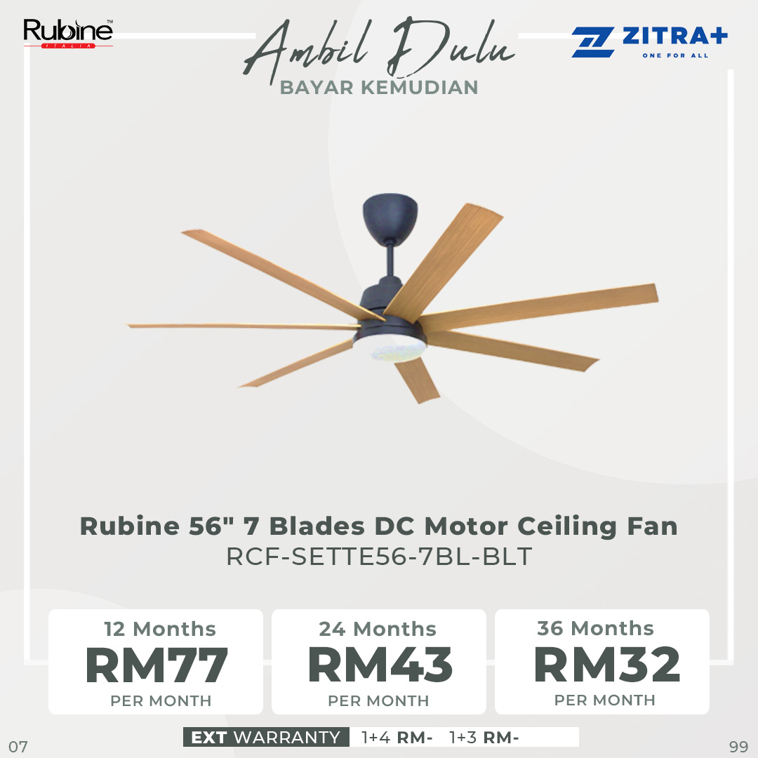 Rubine 56" 7 Blades DC Motor Ceiling Fan | RCF-SETTE56-7BL-BLT / RCF-SETTE56-7BL-OB | 6F+6R Speed RF Remote Control | 7 Blades Denser Air Flow | 22W Tri-Color LED | Ceiling Fan with 1 Year Warranty