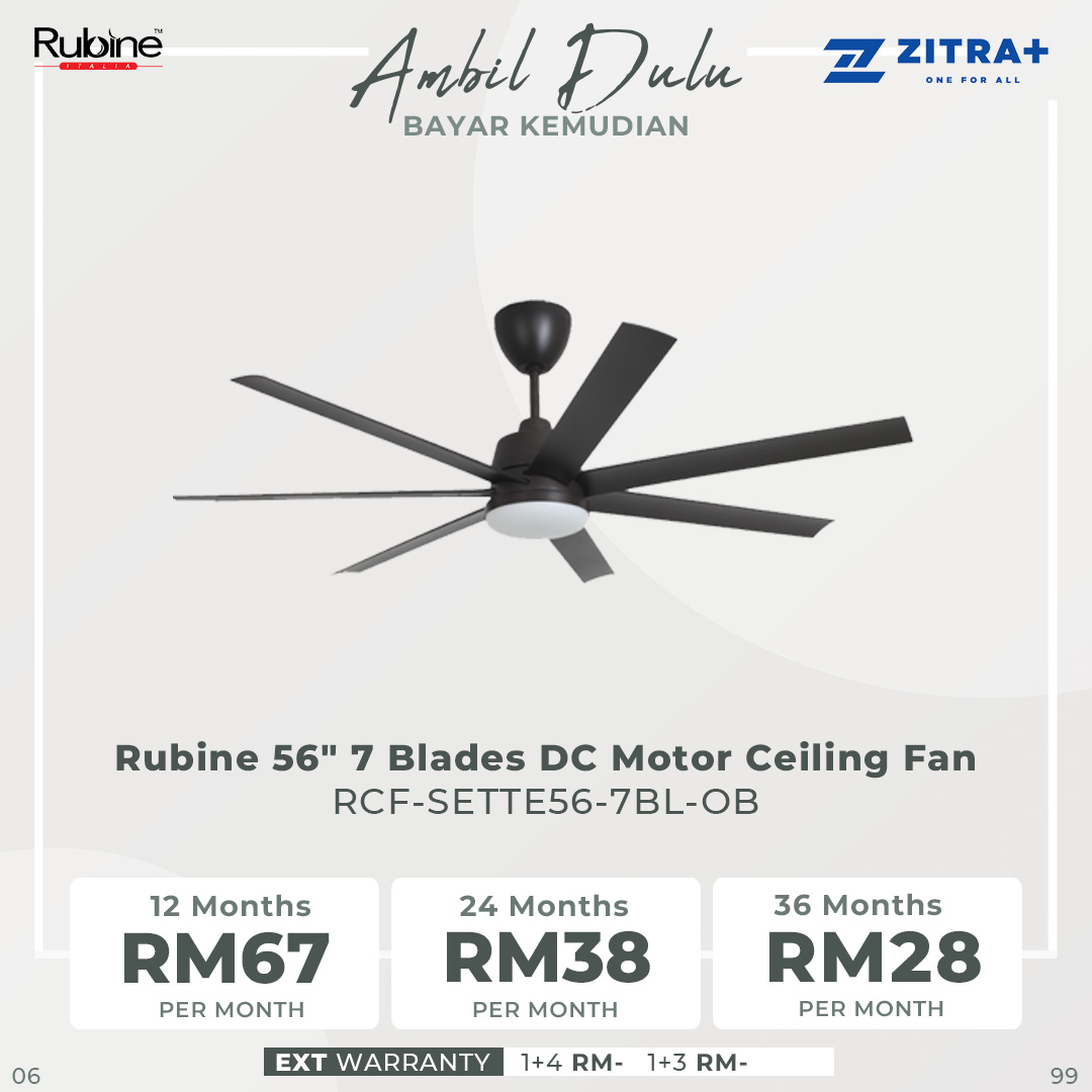 Rubine 56" 7 Blades DC Motor Ceiling Fan | RCF-SETTE56-7BL-BLT / RCF-SETTE56-7BL-OB | 6F+6R Speed RF Remote Control | 7 Blades Denser Air Flow | 22W Tri-Color LED | Ceiling Fan with 1 Year Warranty