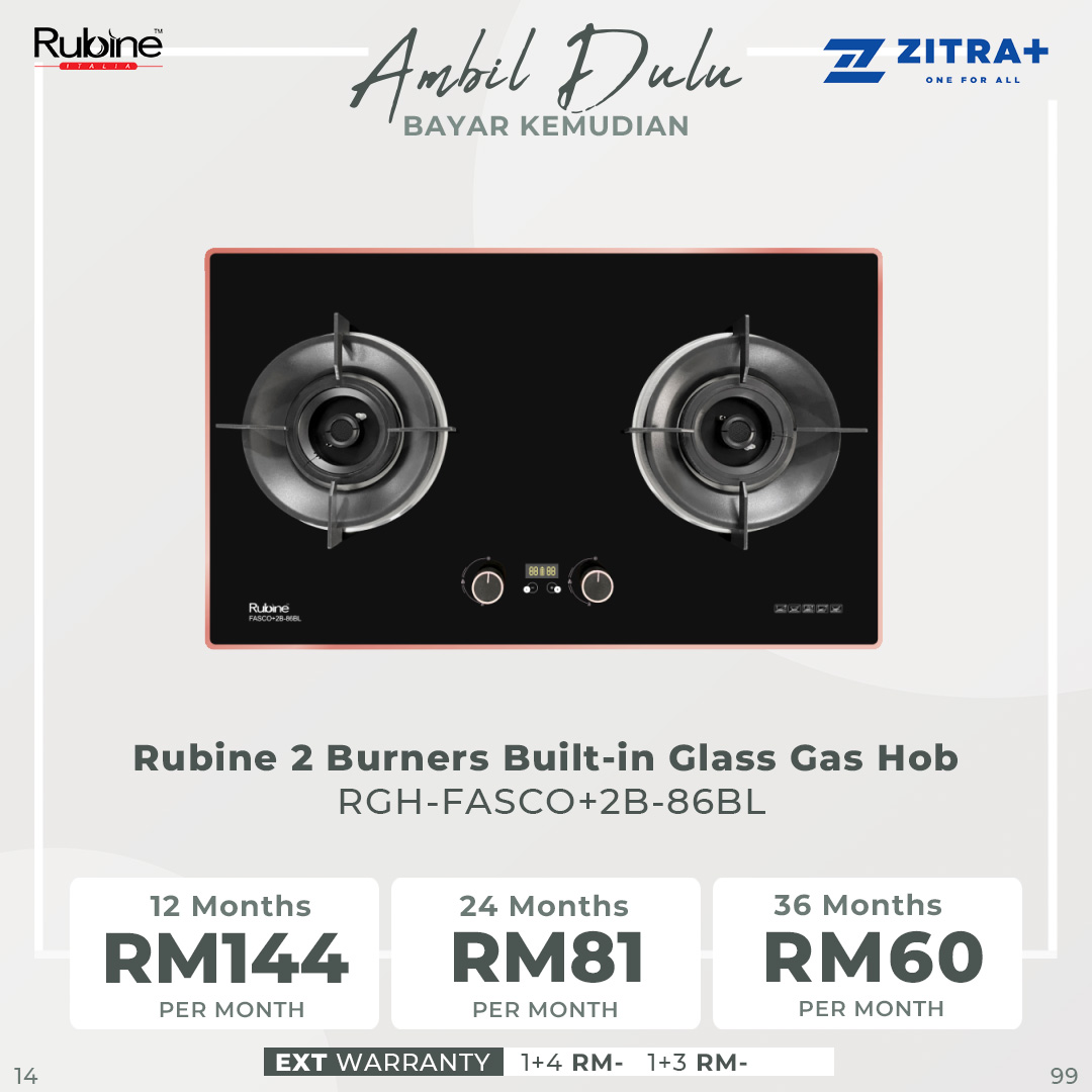 Rubine 2 Burners Built-in Glass Gas Hob RGH-FASCO+2B-86BL | 5.5kW Flame Power | FASCO Dritto Flame Style | I-Link | Hob with 1.5 Year Warranty