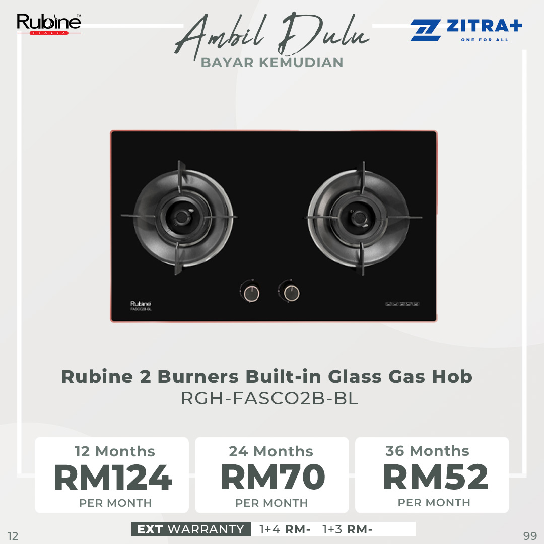 Rubine 2 Burners Built-in Glass Gas Hob RGH-FASCO2B  | 5.5kW Flame Power | FASCO Dritto Flame Style | Concentra Pan Support | Hood with 1.5 Year Warranty