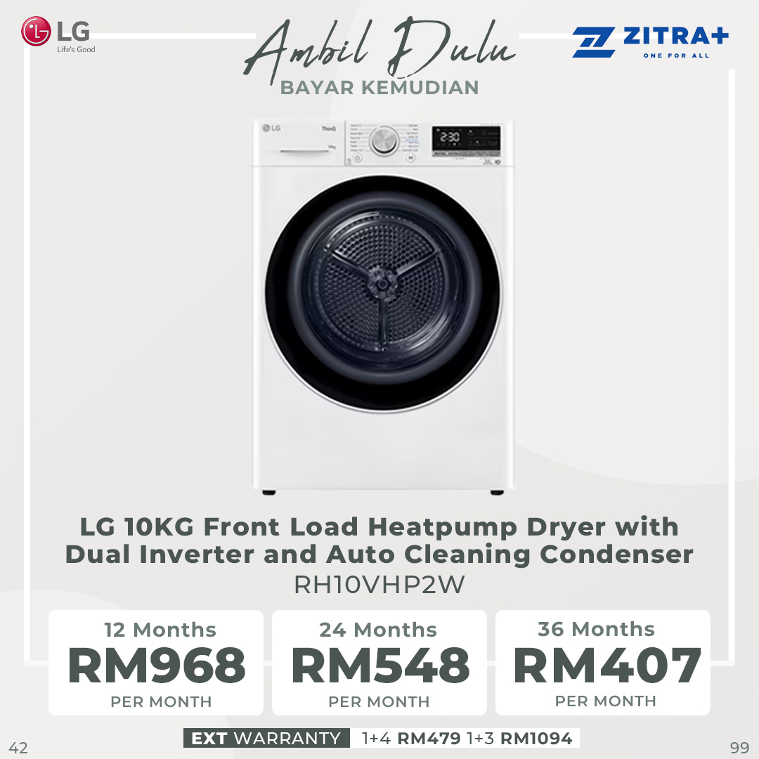 LG 10KG Front Load Heatpump Dryer with Dual Inverter and Auto Cleaning Condenser | RH10VHP2B / RH10VHP2W | Smart Pairing | Allergy Care | Dual Lint Filter | Heatpump Dryer with 1 Year Warranty